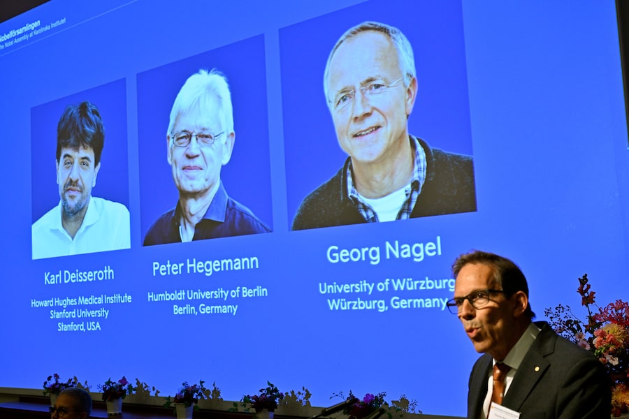Karl Deisseroth, Peter Hegemann e Georg Nagel appaiono sullo schermo mentre ricevono il Premio Nobel 2026 per la Fisiologia o la Medicina, come annunciato durante una conferenza stampa tenutasi al Nobel Forum del Karolinska Institutet di Stoccolma, in Svezia, il 5 ottobre 2026. (Pontus Lundahl/Agenzia di stampa TT via AP) (APN)
