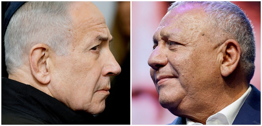 Un montaggio fotografico mostra il primo ministro israeliano Benjamin Netanyahu mentre partecipa a una cerimonia commemorativa in onore di Ran Gvili, un agente di polizia fuori servizio ucciso mentre combatteva contro i militanti che si erano infiltrati in Israele durante il sanguinoso attacco di Hamas del 7 ottobre 2023, e l’ultimo ostaggio liberato da Gaza, a Meitar, in Israele, 28 gennaio 2026, e il leader dell’opposizione israeliana ed ex capo delle forze armate, Gadi Eisenkot, mentre lancia la campagna elettorale per Yashar, il suo nuovo partito politico, in occasione di un evento nei pressi di Hod Hasharon, in Israele, il 30 giugno 2026. REUTERS/Amir Cohen I (REUTERS)