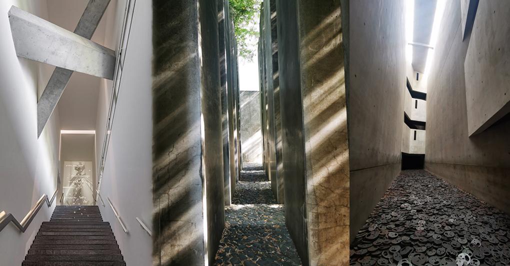 Tre immagini del Museo Ebraico. Lla prima foto da sinistra mostra la proiezione di luce sulle scale verso il nucleo espositivo (crediti Museo Ebraico di Berlino, foto Roman März); gli altri due scatti sono due scorci del Museo Ebraico 