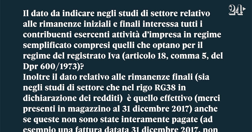 Le Risposte Delle Entrate 5 Studi Di Settore Rimanenze In Rg38 Anche Nel Regime Registrato Il Sole 24 Ore