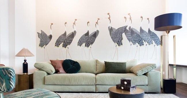 Carta da parati di design dipinta a mano su seta: Misha Wallpaper, Cranes, Asia Collection 