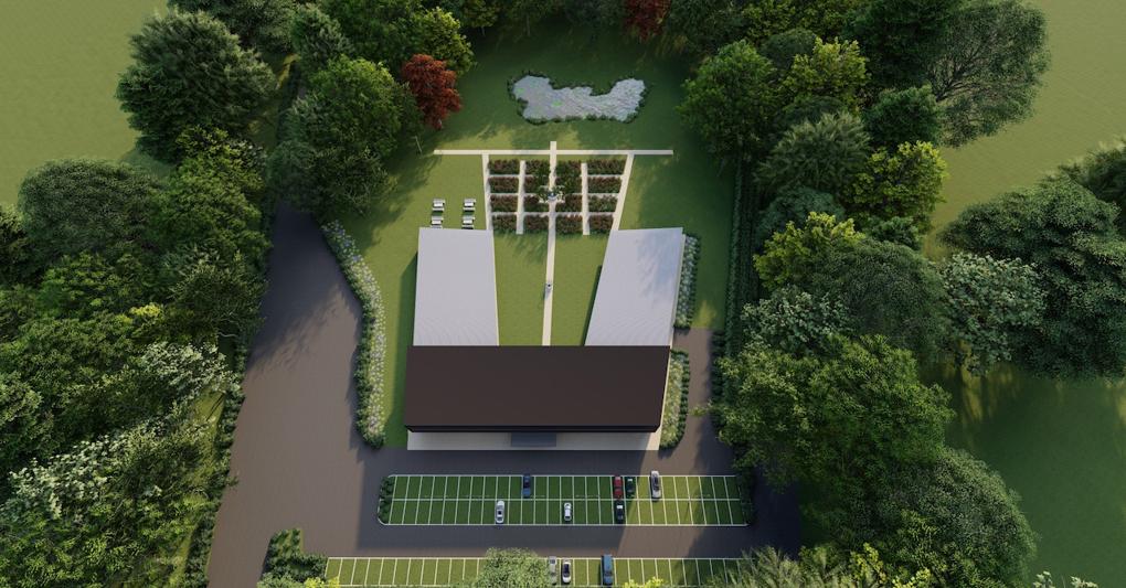 Rendering del progetto della nuova sede di Mavive, con parco e giardino olfattivo 