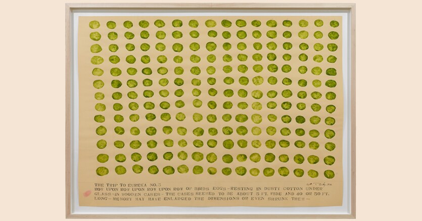 «The Trip To Eureka #5», 1970 di William T. Wiley, acquarello e inchiostro su carta, 78 × 106 cm, set di sei opere 