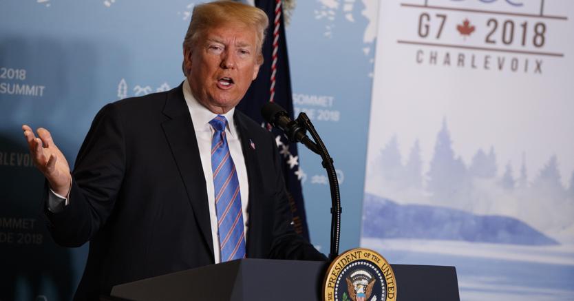 Donald Trump durante una conferenza stampa al G7, in Quebec - 2018. (ANSA/AP Photo/Evan Vucci)