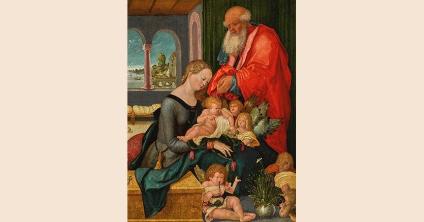 The holy family with five angels, Hans Baldung, called Grien (Schwäbisch Gmund 1484/5 - 1545 Strasburg). (www.sothebys.com)