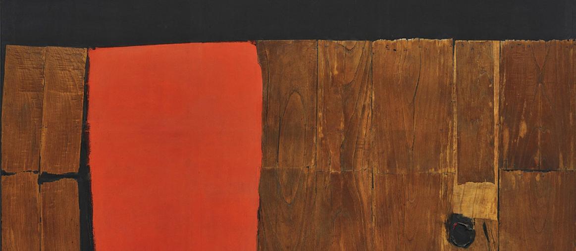 ALBERTO BURRI. “Grande legno e rosso”, signed and dated “Burri 57-59” on the reverse, wood, acrylic and combustion on canvas, (150 x 250 cm.). Executed in 1957-1959. Estimate $10,000,000 - 15,000,000. LOT NOT SOLD