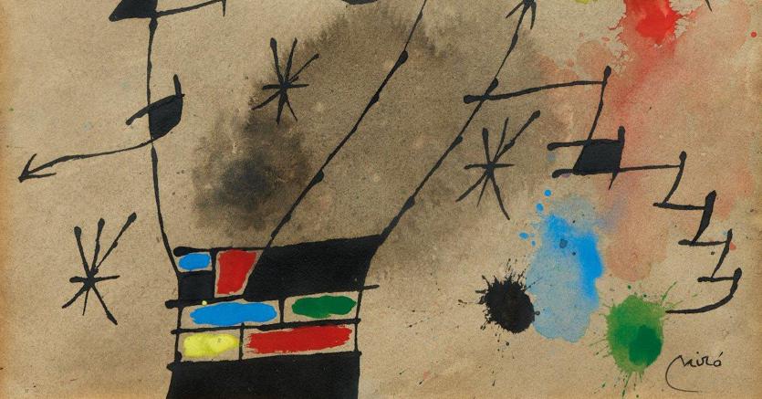Aste Bolaffi una piccola carta di Joan Miró, “Composizione”, autenticata dall'Adorn di Parigi, aggiudicata per 81.200 euro contro una stima di 40-60mila