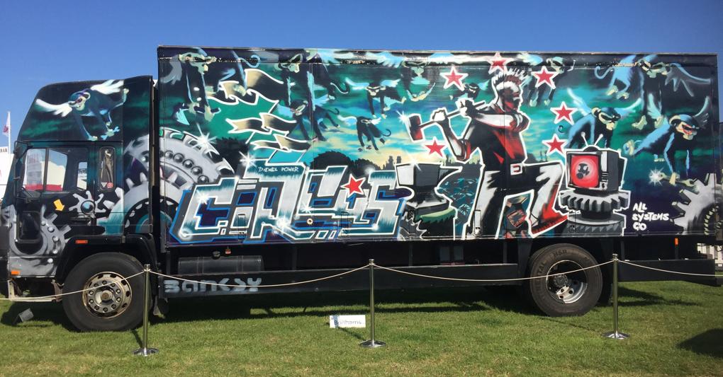 Banksy, Turbo Zone Truck (Laugh now but one day we'll be in charge), 2000, Graffiti on a Volvo FL6 box lorry, Estimate: 1-1,5 million £, Not sold 