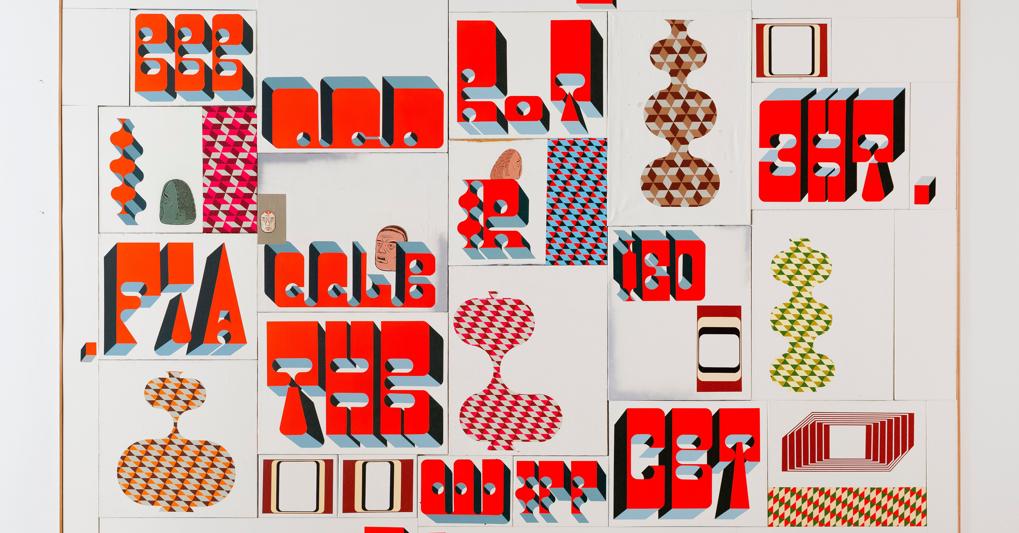 Barry McGee, Untitled, 2019, Acrilico, gouache e aerosol su tela; 34 elementi, 198,1 x 287 cm / 78 x 113 1/16 in., © Barry McGee; Courtesy of the artist, Perrotin, and Ratio 3, San Francisco 