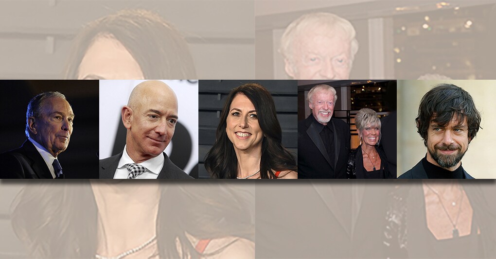 Michael Bloomberg, Jeff Bezos, Mackenzie Scott, Phil e Penny Knight, Jack Dorsey 