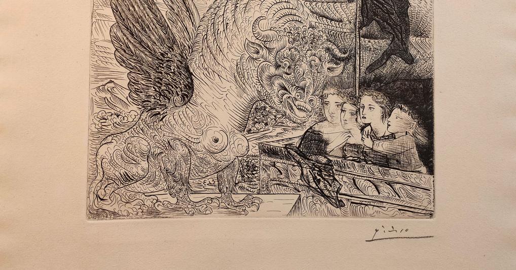 Pablo Picasso, Harpye à Tête de Taureau et Quatre Petites Filles sur une Tour Surmontée d'un Drapeau Noir, 1934. Eau-forte imprimée sur papier vergé Montvalavec filigrane de la Suite Vollard (S. V. 13), 39 x 50 cm. Réf. Bloch 229. Courtesy de Palau Antiguitats 