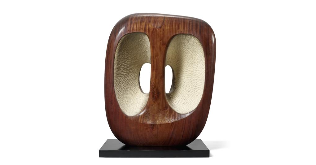 BARBARA HEPWORTH (1903-1975), Hollow Form with White Interior, Nigerian guarea wood with white paint, Height (excluding base): 38 1⁄2 in. (98 cm.), Width (excluding base): 31 3⁄4 in. (81 cm.), Depth (excluding base): 17 in. (43.2 cm.), Height (including original black lacquered wood base): 40 1⁄4 in. (102 cm.), Carved and painted in 1963; this work is unique, Price realised: GBP 5,785,500 