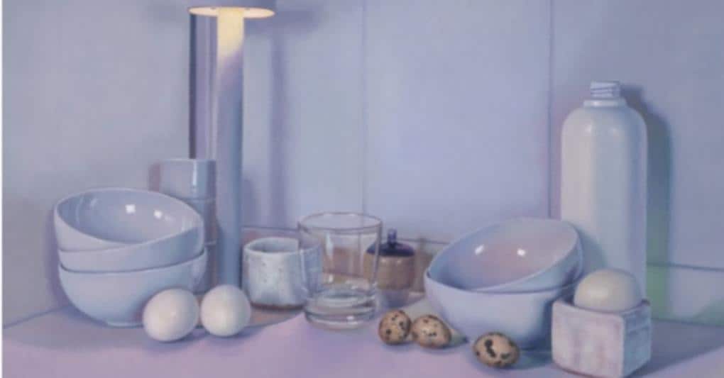 Gabriele Grones, conversazioni (8 morandi), 2021, olio su tela, 30x40 cm. In vendita a 5000 euro da Boccanera 