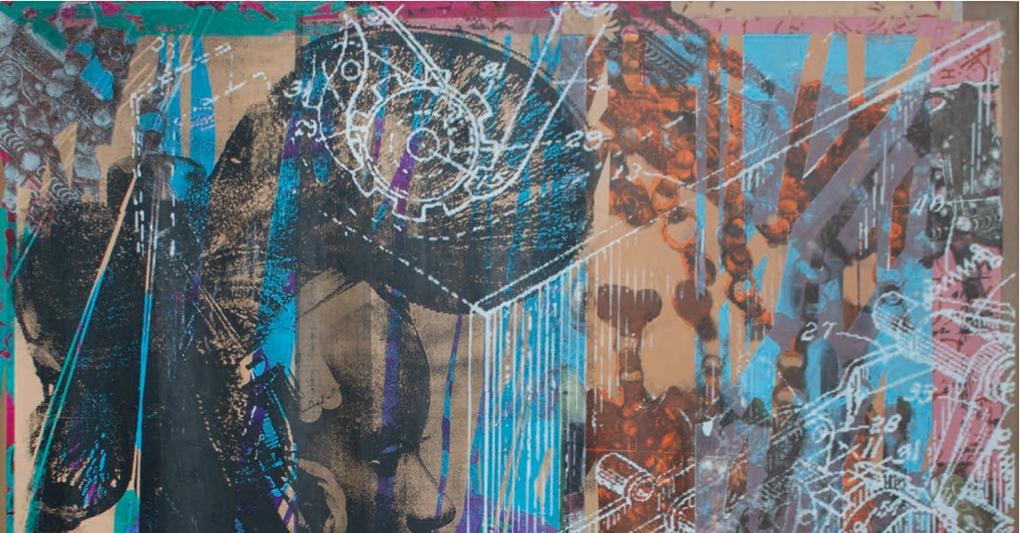 Wendimagegn Belete, Between Matter and Memory 1, 2023 Acrilici, pastelli, serigrafia su tela, 100 x 100 cm, £ 10.000, Courtesy Kristin Hjellegjerde Gallery 