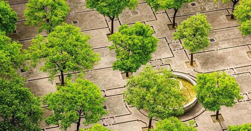Il parco Portello nella zona di Fiera Milano City si estende su una superficie di 65mila metri quadrati. Le sue forme evocano il tema della velocità, in memoria delle passate attività sull’area da parte di Alfa Romeo