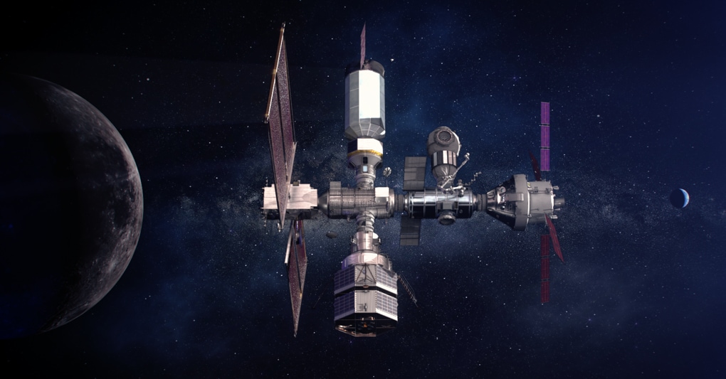 Un rendering della base lunare orbitante che nascerà dalla collaborazione Nasa-Esa. Thales Alenia Space si occuperà del modulo abitativo degli astronauti e di quello per le comunicazioni e il rifornimento 