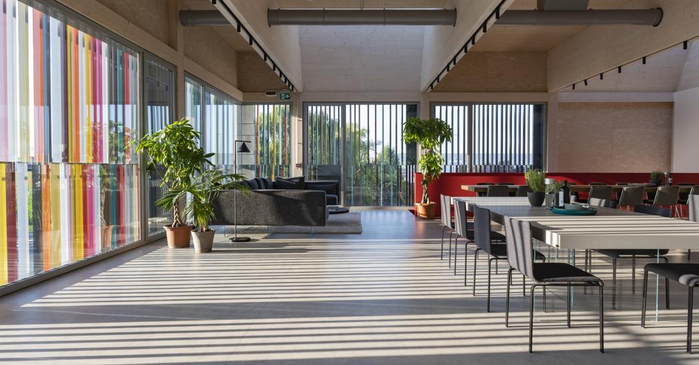 Il nuovo Campus di Lago (Padova), uno spazio lavorativo ispirato a criteri di sostenibilità ambientale. Il legno è il principale materiale utilizzato, mentre le ampie vetrate e i 78 lucernari permettono l'ingresso della luce naturale 