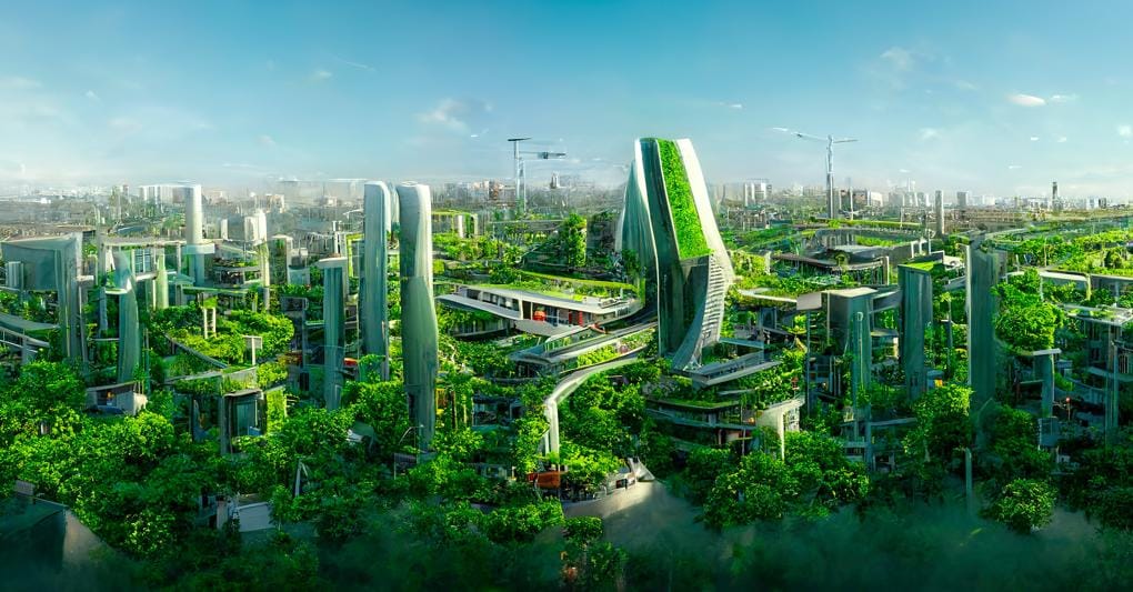Futuro in 3D. Un'imagine della metropoli del futuro che rispetta i principi di sostenibilità con un'attenzione al green 