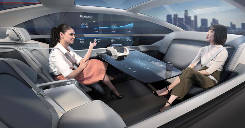 La Volvo 360c, uno studio di un’auto elettrica a guida  autonoma che, del tutto priva di  conducente, ipotizza  una riformulazione degli spazi e della vita a bordo
