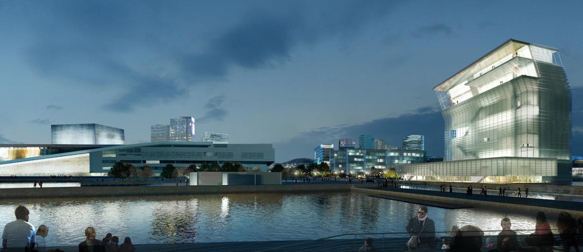 La nuova skyline di Oslo con l’Opera House e il Museo Munch. (Foto Estudio Herreros)