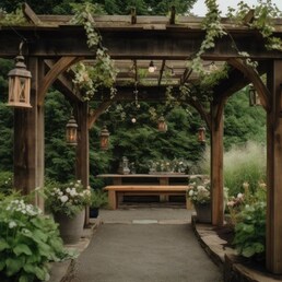 rustic wooden pergola with hanging lanterns, surrounded by greenery and flowers, created with generative ai