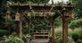rustic wooden pergola with hanging lanterns, surrounded by greenery and flowers, created with generative ai