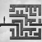 Concept of path challenge as a businessman on a bridge with a maze blocking the passage to the other side as a metaphor for solving adversity with 3D illustration elements.
