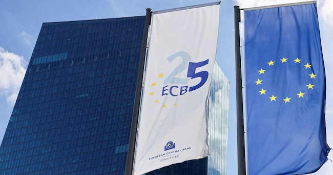 FILE PHOTO: A view shows the European Central Bank (ECB) flag and the flag of the European Union in front of the ECB Building in Frankfurt, Germany, September 14, 2023. REUTERS/Wolfgang Rattay/File Photo