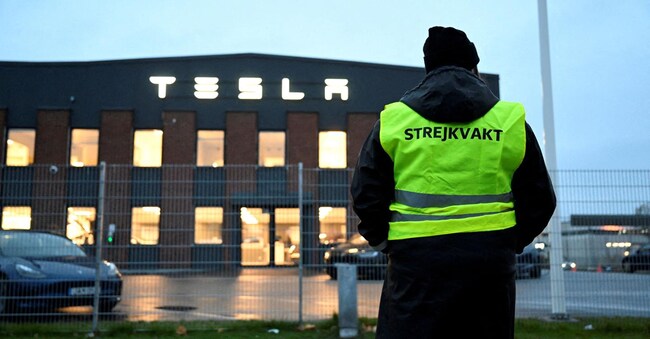 Emma Hansson, presidente del sindacato IF Metall di Stoccolma, in sciopero davanti al centro assistenza Tesla di Segeltorp. I lavoratori dell’officina del produttore di auto elettriche chiedono che l’azienda firmi un contratto collettivo. (Jessica Gow/TT News Agency/via REUTERS )