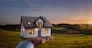 Concept of buying or building new home. Male hand showing, offering a new dream house at the empty field with copy space