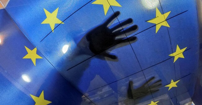 A specialist works during the production of flags of the European Union in a printing shop in Tbilisi, Georgia, November 29, 2023. REUTERS/Irakli Gedenidze