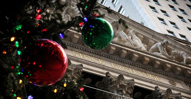FILE PHOTO: A Christmas tree is seen outside of the New York Stock Exchange (NYSE) in New York City, U.S., December 13, 2023. REUTERS/Brendan McDermid/File Photo/File Photo