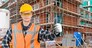 A satisfied looking construction worker giving a thumbs-up in front of a huge residential building site