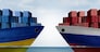 Ukraine Russia Trade as two opposing cargo ships from Ukrainian and Russian ports as an economic dispute over commodity imports and exports concept as a 3D illustration.