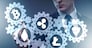 Concept of cryptocurrencies with man pressing buttons