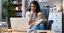Young female business owner work on laptop from home during maternity leave, running private company with baby in her lap. Businesswoman mother woman with a toddler working at the computer.