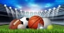 sports stadium equipment and leisure sports on grass in a sport stadium with a football basketball baseball golf soccer tennis ball volleyball and badminton birdie as a symbol of healthy physical activity with 3D illustration elements.