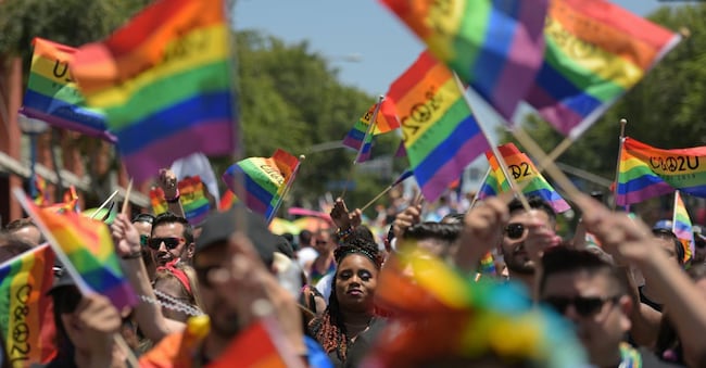 People participate in the annual LA Pride Parade in West Hollywood, California, on June 9, 2019. - LA Pride began on June 28, 1970, exactly one year after the historic Stonewall Rebellion in New York City, 50 years ago. (Photo by Agustin PAULLIER / AFP) (Photo credit should read AGUSTIN PAULLIER/AFP via Getty Images)