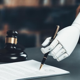 Future innovative concept of efficient and fair justice system with closeup robotic hand signing legal document as artificial intelligence in transparent judicial proceedings by AI judge. Equilibrium