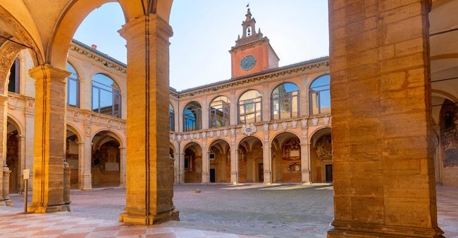 Inner yard of Archiginnasio of Bologna that houses now Municipal Library and the famous Anatomical Theatre. It is one of the most important building in Bologna.