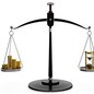 3D illustration of hourglass and gold coins on scales. Time is money concept