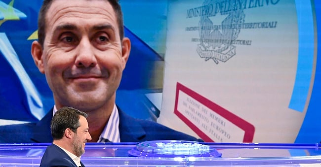 Matteo Salvini, vicepremier e leader della Lega, ospite della trasmissione televisiva condotta da Bruno Vespa: ''Porta a porta'', in onda questa sera su Rai 1, Roma, 24 aprile 2024. ANSA/ALESSANDRO DI MEO (Vannacci)