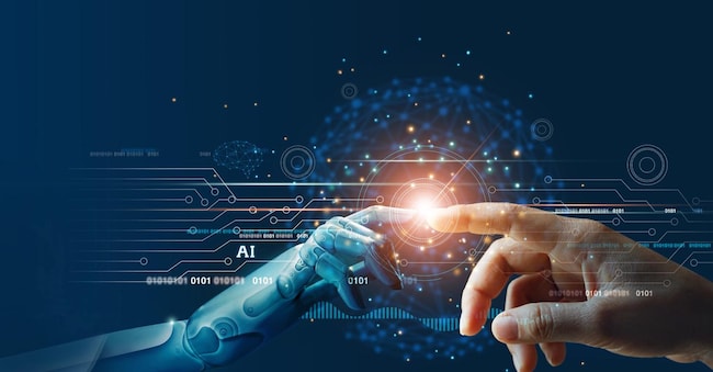 AI, Machine learning, Hands of robot and human touching on big data network connection background, Science and artificial intelligence technology, innovation and futuristic.