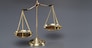 Shiny golden balanced scale in courtroom background as concept justice and a common legal symbol. Scale balance for righteous and equality judgment by lawyer and attorney. Equilibrium