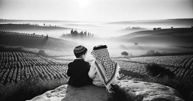Two young friends, one Jewish and one Palestinian, symbolizing peace, friendship, and reconciliation in Jerusalem. AI-generated image.