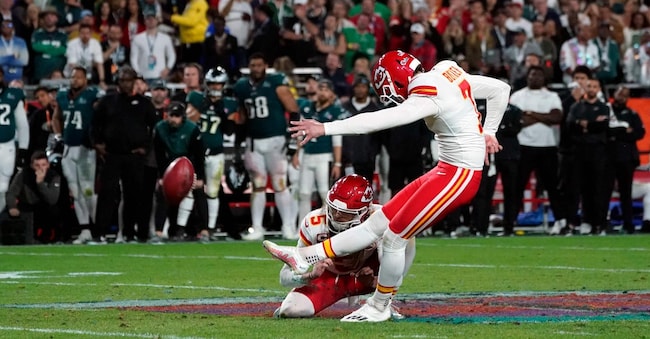 (FILES) Kansas City Chiefs' kicker Harrison Butker scores the winning points during Super Bowl LVII between the Kansas City Chiefs and the Philadelphia Eagles at State Farm Stadium in Glendale, Arizona, on February 12, 2023. (Photo by TIMOTHY A. CLARY / AFP)