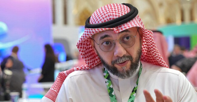 Saleh Eid, Vice President of Fleet Management & Agreements at Saudia Airlines speaks during an interview at the Future Aviation Forum in Riyadh on May 20, 2024. Saudi Arabia's Saudia Group will buy 105 Airbus planes, the company said on May 20, hailing it as the biggest aircraft deal in the country's history. (Photo by Fayez Nureldine / AFP)
