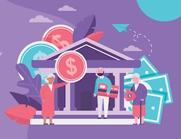 Old people getting pension payment. Senior man and woman with money and credit card standing near bank flat vector illustration. Finance, saving concept for banner, website design or landing web page