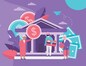 Old people getting pension payment. Senior man and woman with money and credit card standing near bank flat vector illustration. Finance, saving concept for banner, website design or landing web page