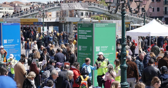 Operatori ai varchi controllano il ticket di accesso sul telefonino dei turisti.